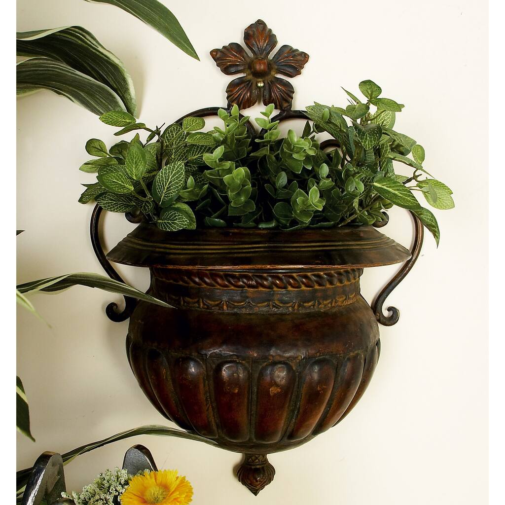 Brown Metal Indoor Outdoor Small Scroll Indoor Outdoor Wall Planter with Flower Accent