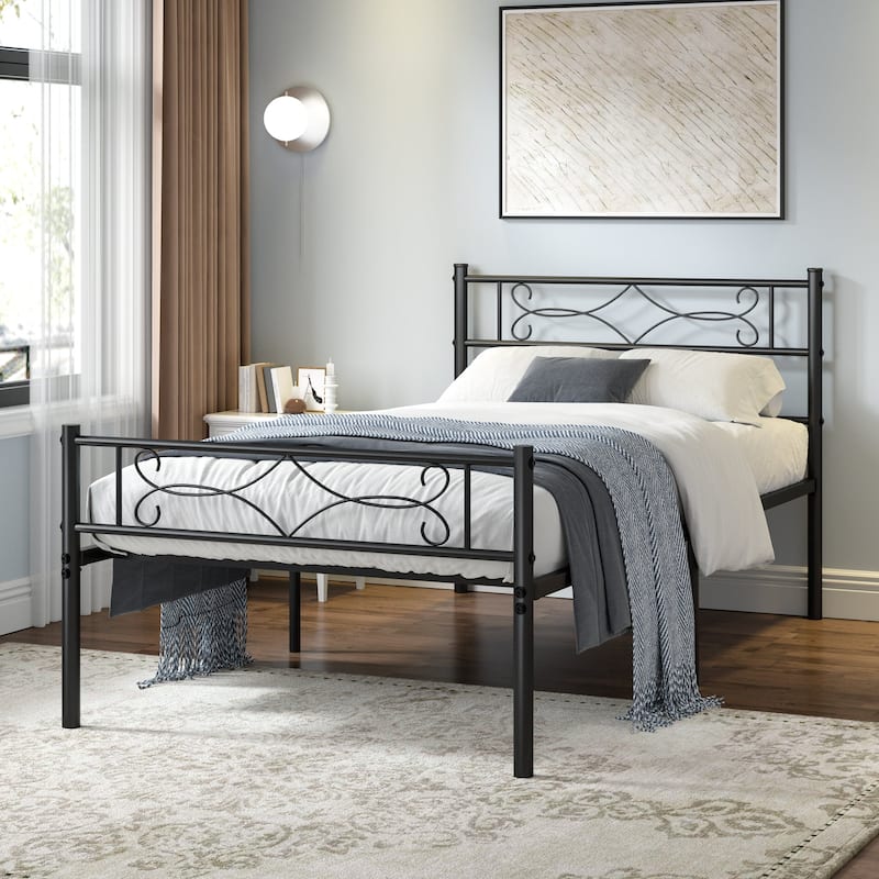 VECELO Metal Bed Frame with Headboard and Footboard No Box Spring Needed 12in Underbed Storage with Decorative Headboard