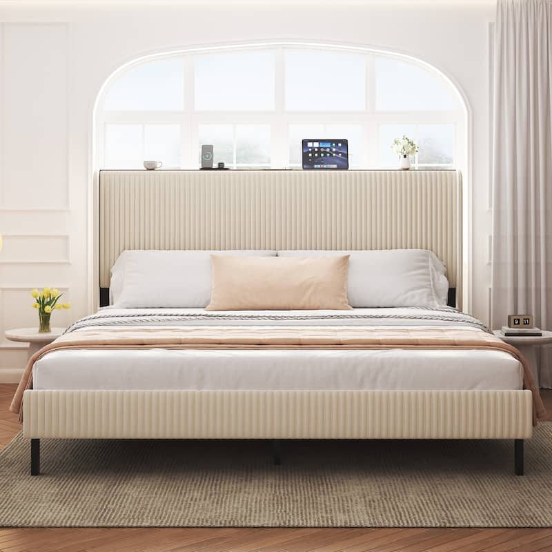 Beige Velvet Platform Bed Frame with Charging Station(Full/Queen/King）