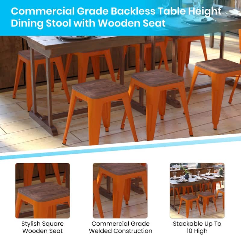 Set of 4 18" Table Height Indoor Stackable Metal Stool with Wood Seat