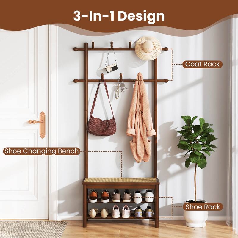Costway Bamboo Coat Rack with Bench Shoe Storage 2 Hanging Rods 11 - See Details