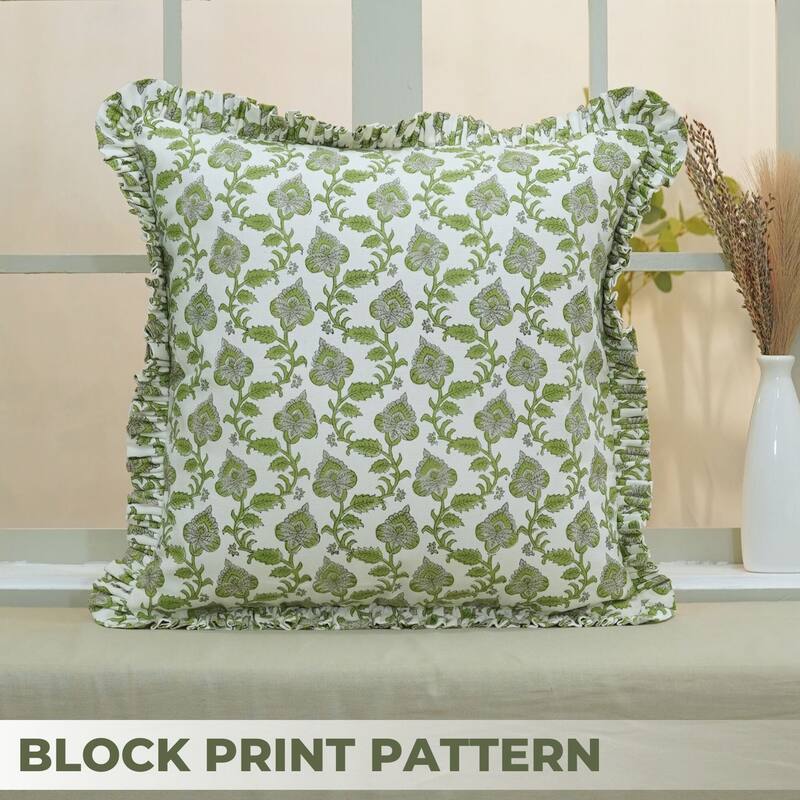 Block Print Green Pillow Cover by FABDIVINE-MADHUBALA