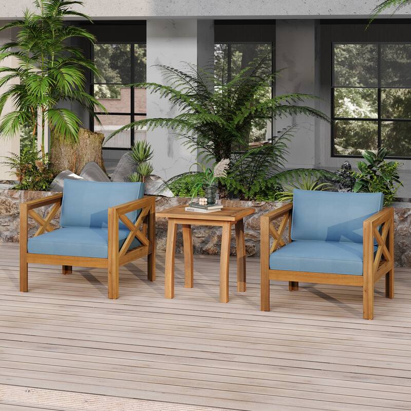 Christopher Knight Home - Moonfall Patio Acacia 2 Club Chairs with 1 End Table - Teak Finish+Blue Cushion