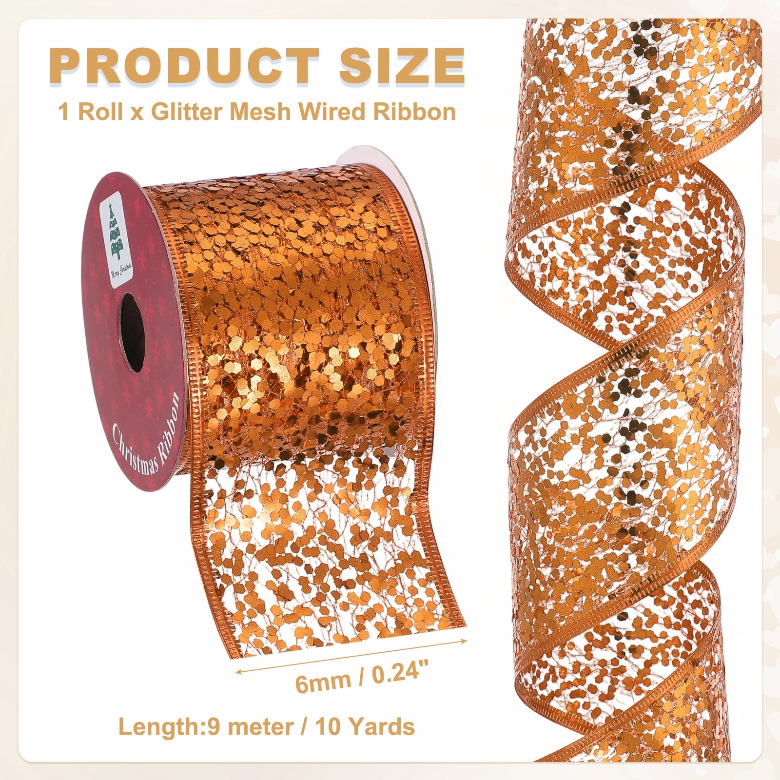 Glitter Mesh Wired Ribbon Sparkling Edge Ribbon for Christmas Tree for Gift Wrapping Bow Wreath Crafts Wedding Party Decoration