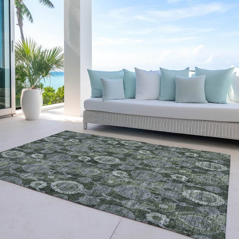Machine Washable Indoor/ Outdoor Chantille Casual Floral Rug - Olive - 3' x 5'