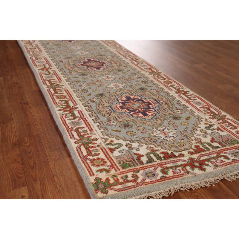 Gray Geometric Heriz Serapi Indian Runner Rug Handmade Wool Carpet - 2'5" x 8'0" - Grey - 2'5" x 8'0"