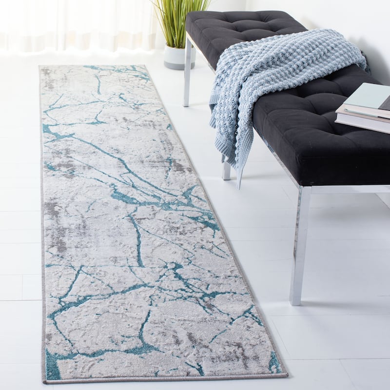 SAFAVIEH Amelia Fietje Modern Abstract Distressed Rug - 2' x 8' Runner - Grey/Aqua - Runner