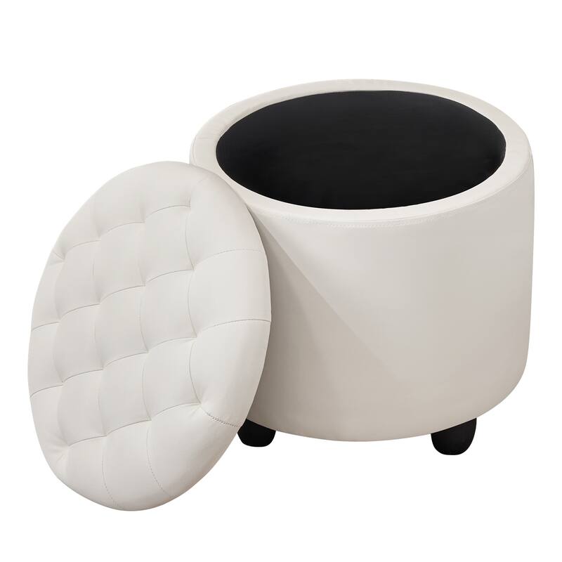 Modern Button Tufted Accent Storage Ottoman, Small Upholstered Circle Pouf Footstool with Removable Lid Storage Ottoman