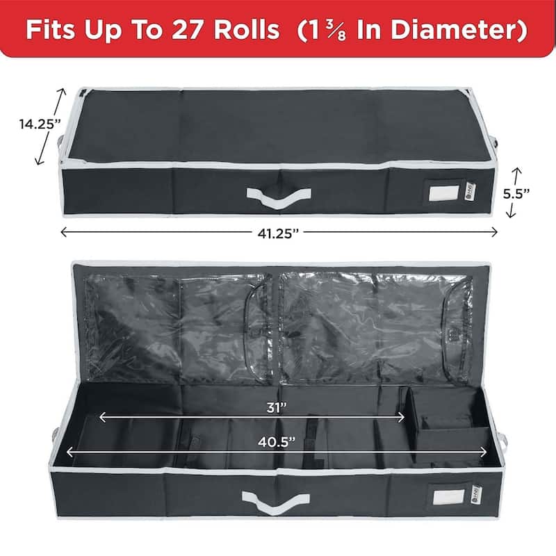 HOLDN' STORAGE Wrapping Paper Storage Container, Fits 27 Rolls Gift Wrap, Extra Pockets for Ribbons & Bows, Underbed Storage
