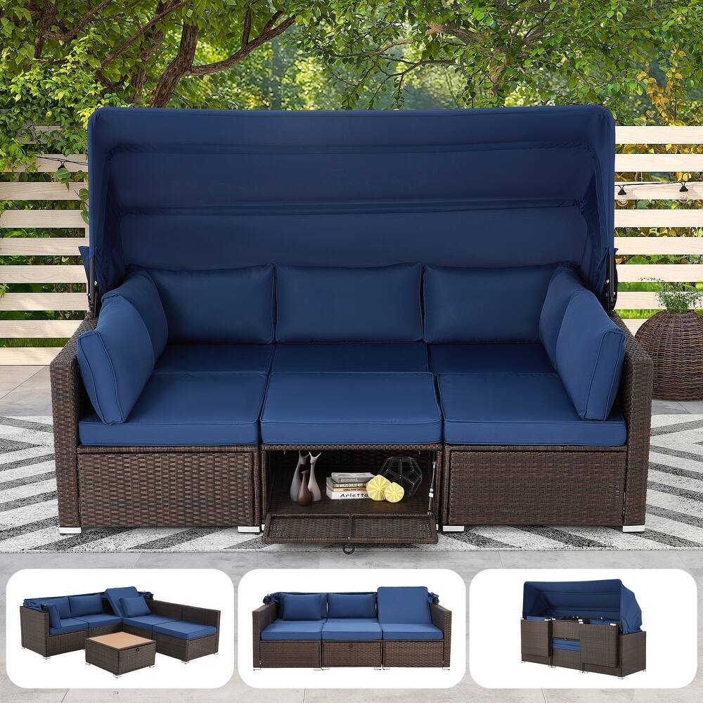 EROMMY 6-Piece Patio Furniture Set, Rattan Daybed with Canopy and Adjustable Backrest