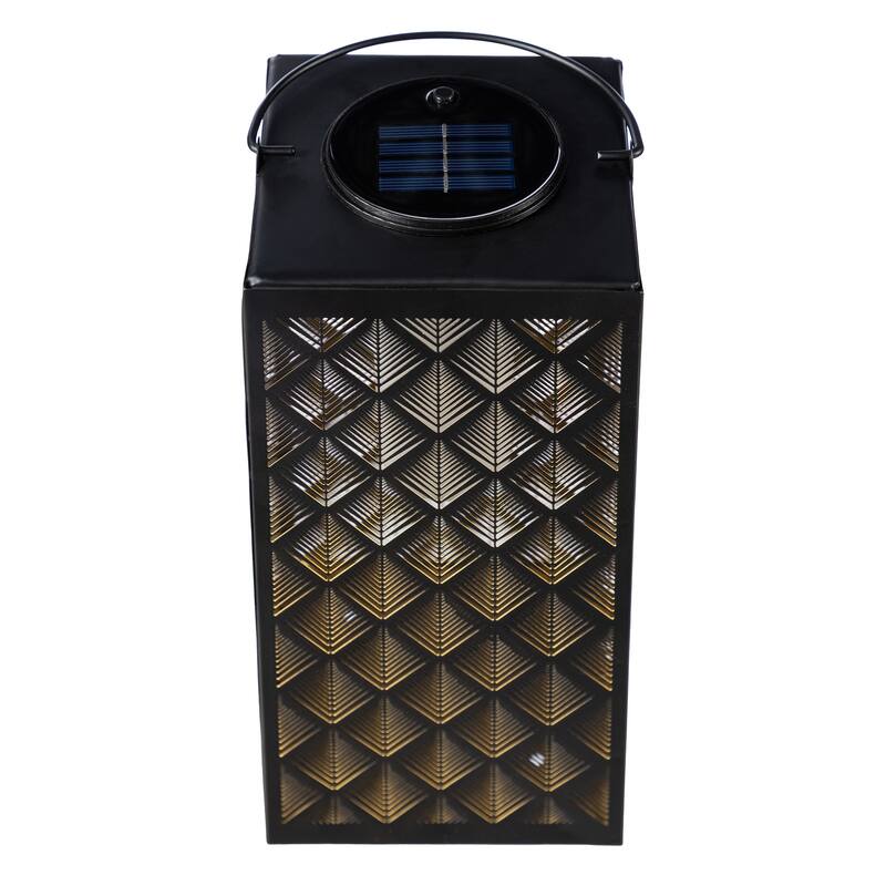 Glitzhome 11"H Black Metal Cutout or Square Textured Glass Pattern Solar Powered Hanging Lantern with LED Light
