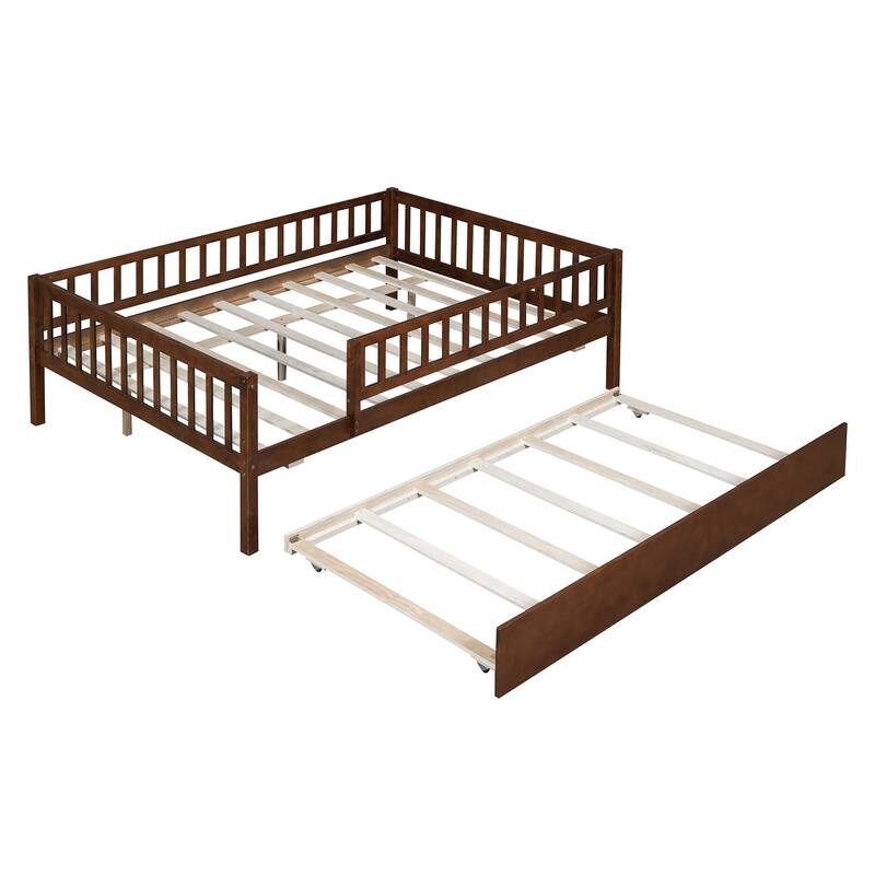 Full Size Wood Daybed with Trundle and Fence Guardrails in Walnut Finish