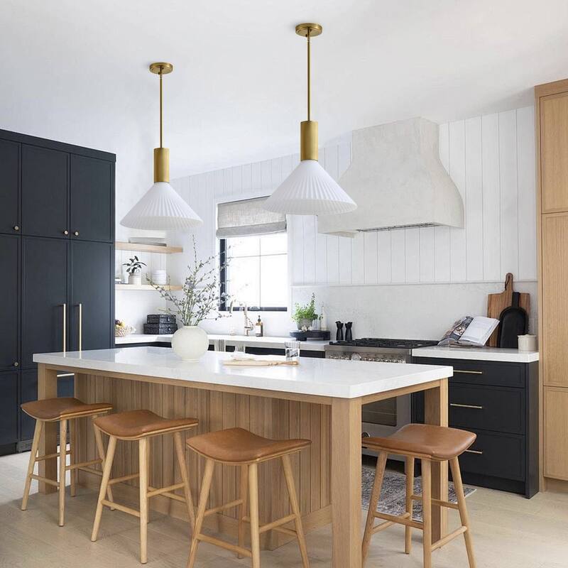 Brass Pendant Light White Jade Acid Washed Glass Adjustable Rod Modern Large Cone