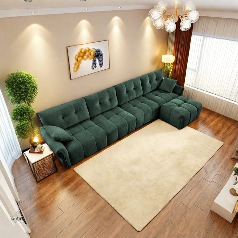 Modular 4-Seat Chenille Sofa Set with 2 Ottomans, High-Resilience Cushions and Solid Wood Frame - 4 Seater with Ottoman Green