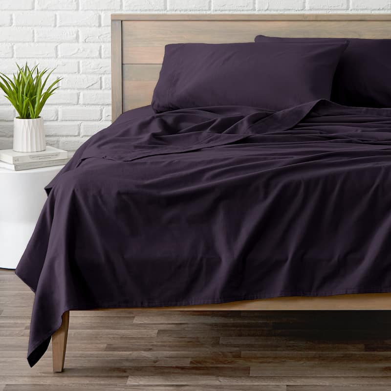 Bare Home Cotton Flannel Sheet Set - Velvety Soft Heavyweight - Queen - Eggplant