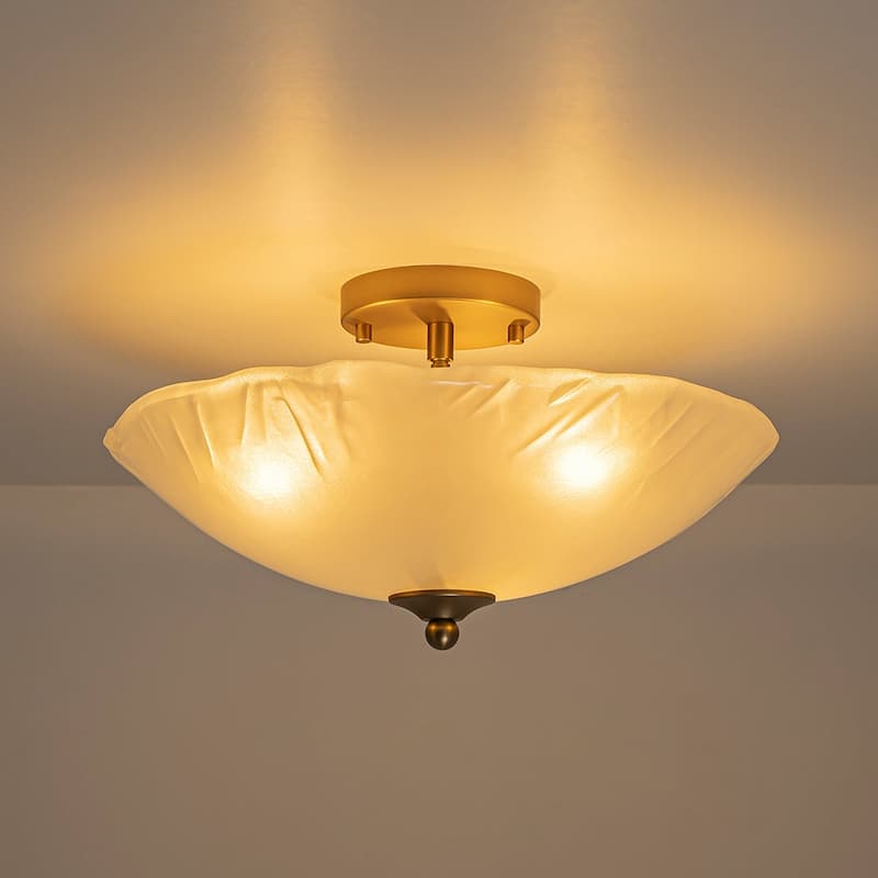 Mid-Century Brass Round Glass Bowl Semi Flush Ceiling Light 15in