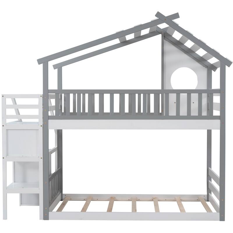 Twin Over Twin Bunk Bed, House Bed, with Storage Stairs and Safety