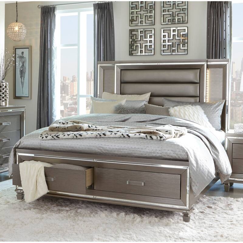 Silver Gray Finish Platform Storage Bed 1pc Footboard Drawers