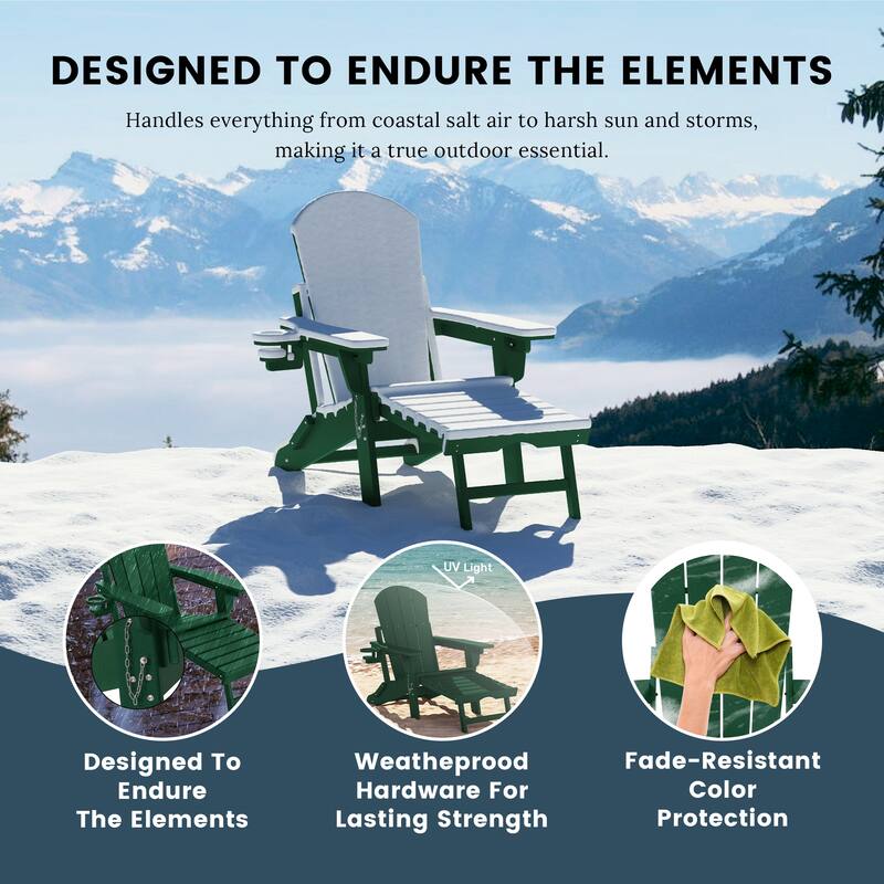 Laguna Outdoor Folding Adjustable Adirondack Chair with Cup Holder & Hideaway Ottoman (Set of 2)