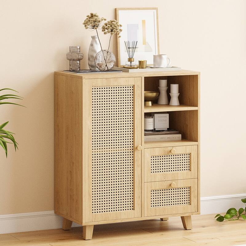 Rattan Buffet Cabinet with Adjustable Shelf, Sideboard with Drawers for Living Room, Kitchen, Entryway - Natural