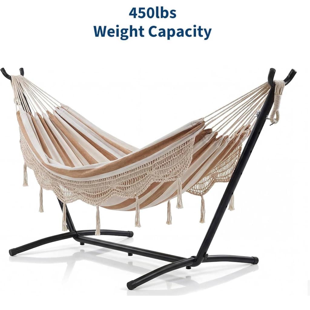 450 LBS Capacity Portable Double Hammock with Stand for Outdoor Patio Backyard Poolside, Tan Stripes - Tan Stripes