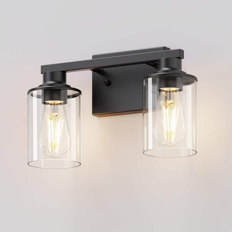YANSUN 2-Light Bathroom Mirror Light,Matte Black Wall Sconce with Transparent Glass Shades - 14.6 * 10 * 7.5