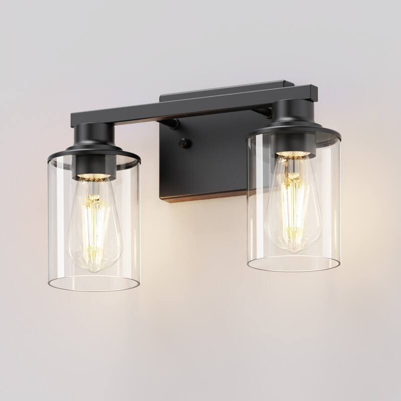 YANSUN Modern 2-Light Bathroom Vanity Light Matte Black Wall Light with E26 Base and Transparent Glass Shades - 14.6 * 10 * 7.5