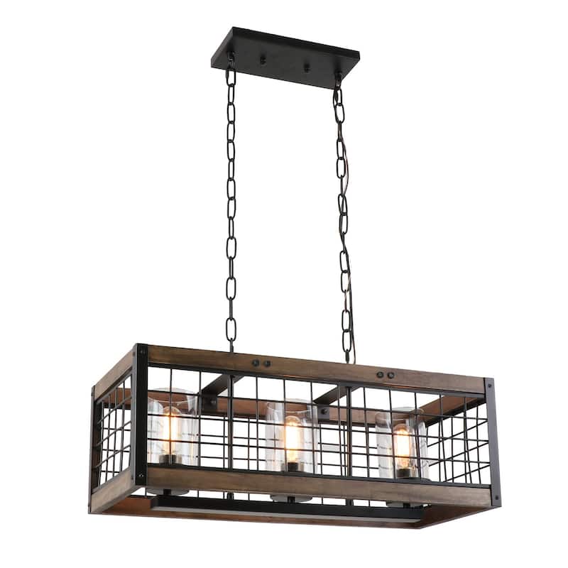 Rustic Wood Linear Chandelier Industrial Kitchen Chandelier Hanging Light with Glass Shades