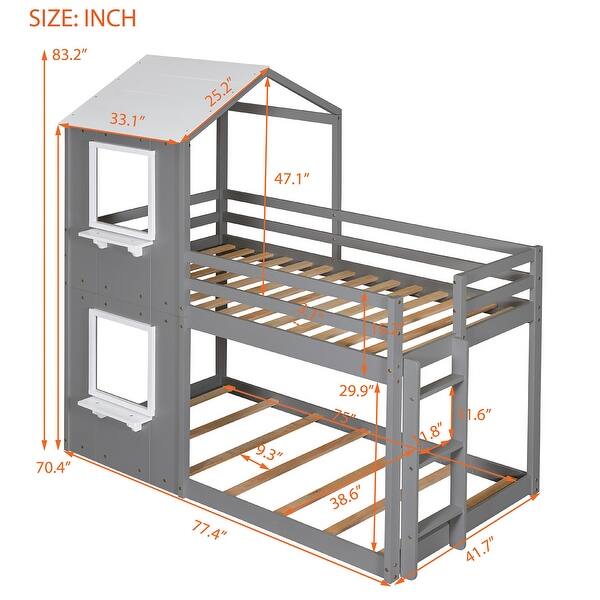 Grey Twin over Twin Solid Wood Bunk Bed with Roof, Window, and Guardrail
