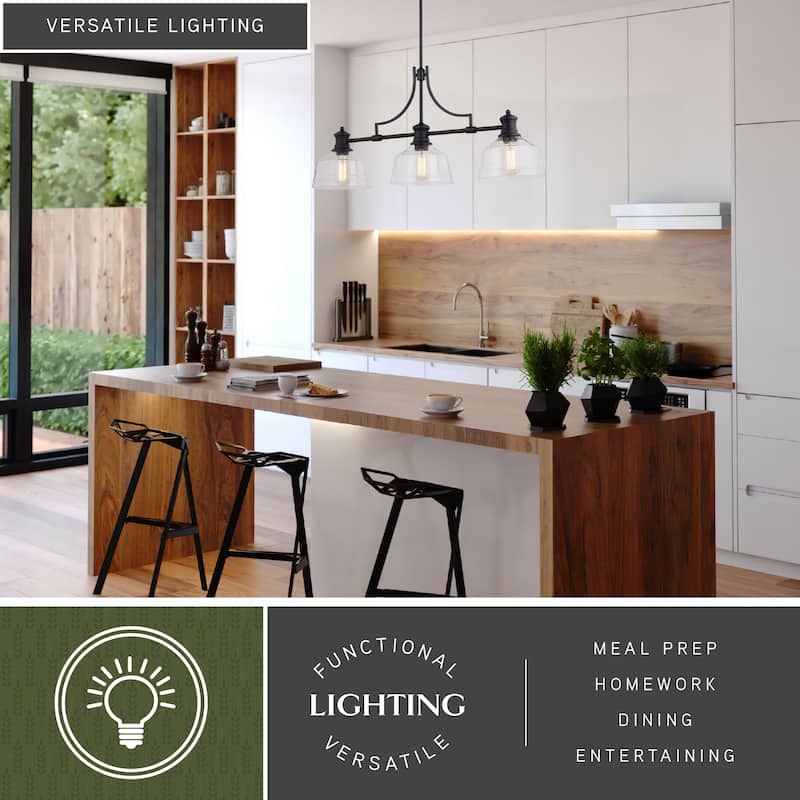 Beloit 3L Farmhouse Linear Chandelier Island Pendant Light Fixture Clear Glass