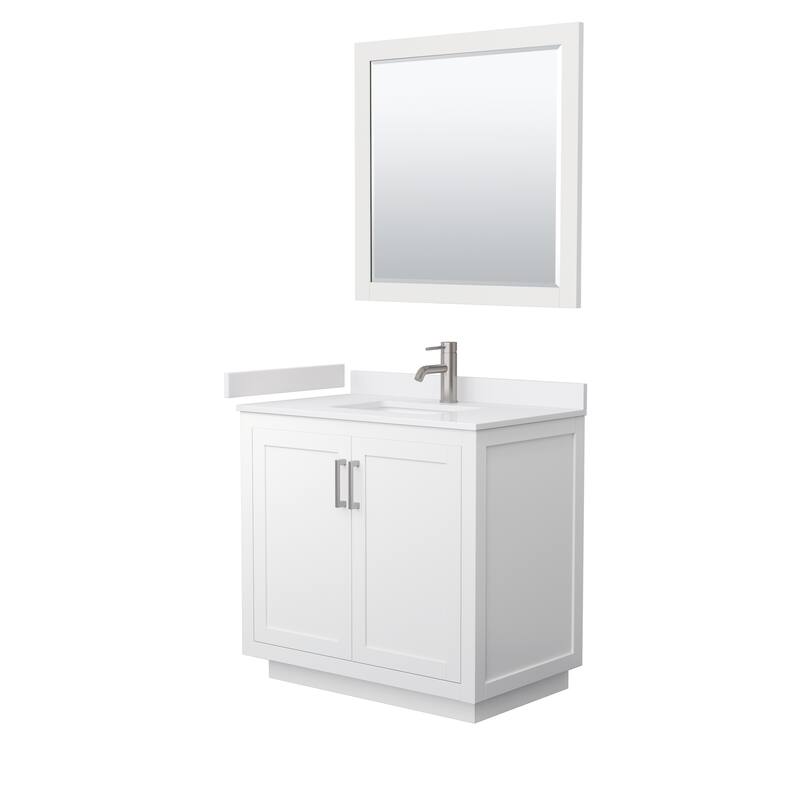 Miranda Single Vanity Set, Cultured Marble Top, 34-Inch Mirror - 36-Inch Single - White, Nickel Trim, White Cultured Marble Top