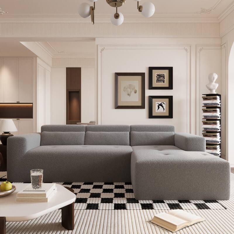 L Shaped Modular Sectional Cloud Sofa with Chaise, Teddy Fabric 3 Seat Corner Sofa, Upholstered Couch with Pillows