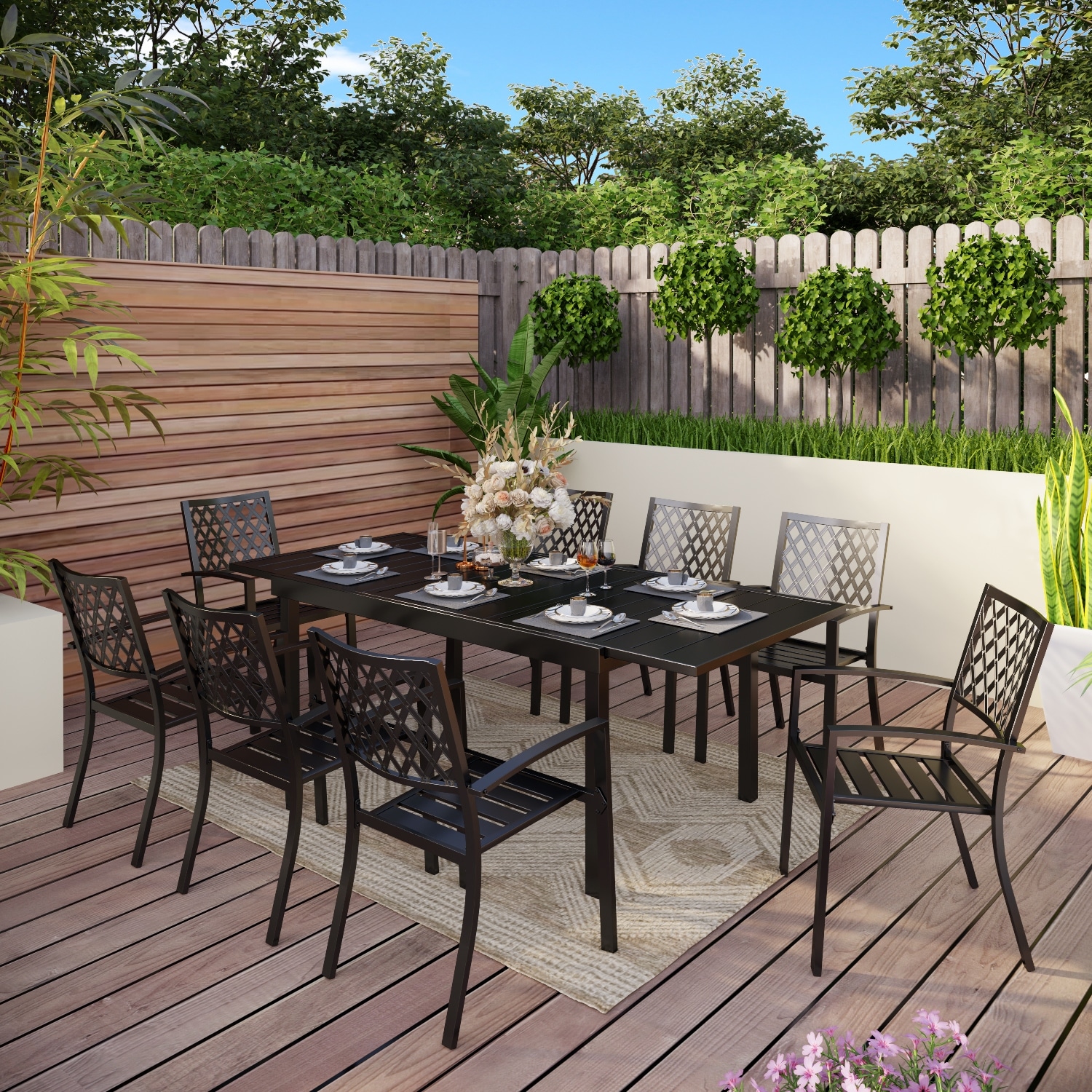 MAISON ARTS 7/9 Pieces Outdoor Patio Dining Set, 6/8 Metal Stackable Chairs, 1 Rectangular Expandable Table