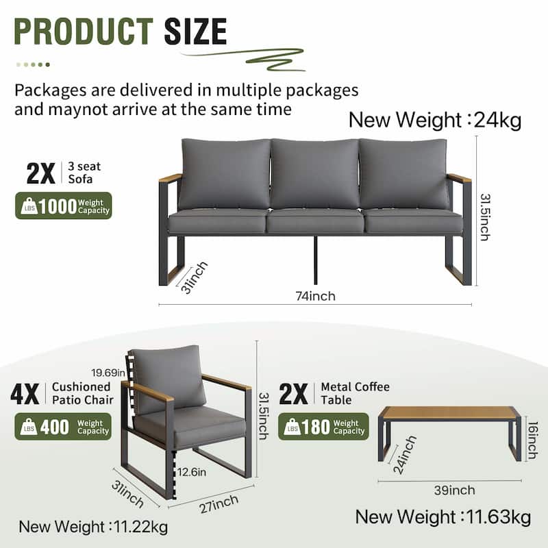 4-Piece Modern Outdoor Sofa Set - Iron Frame with Grey Cushions and Faux Wood Grain Coffee Table