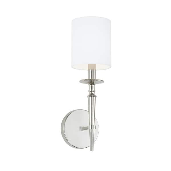 slide 2 of 7, Abbie 1-light 5-inch Wall Sconce w/ White Fabric Shade Polished Nickel