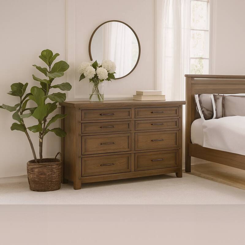 Merry Wide Dresser, 8 Drawers, Brown Solid Wood, Bronze Metal
