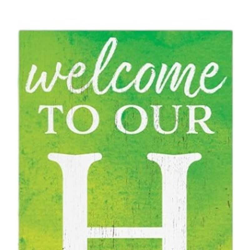 HomeRoots 36" Green Yellow And White Solid Wood Welcome To Our Home Porch Sign