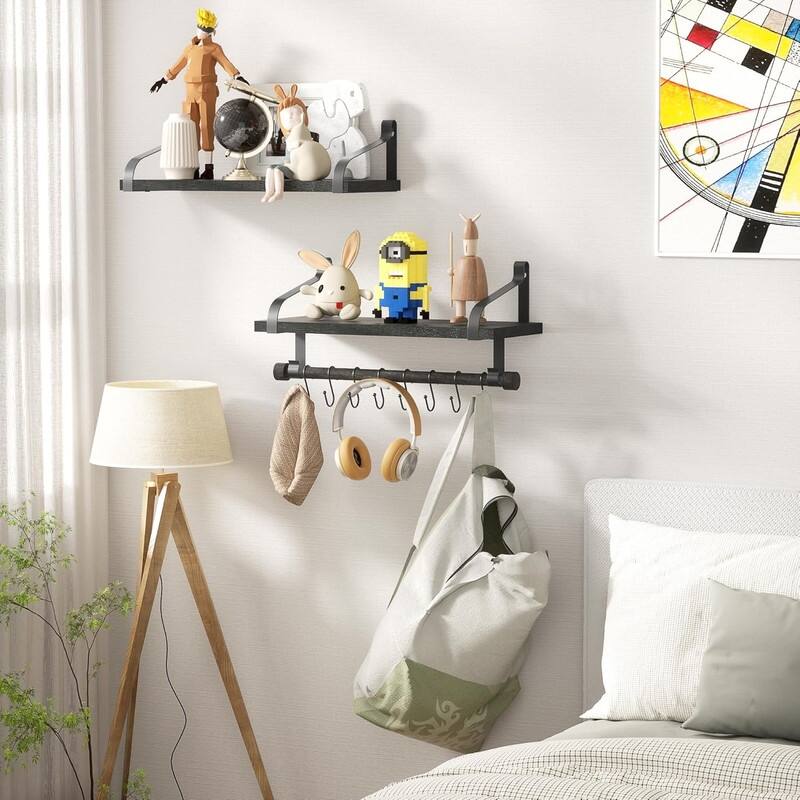Floating Shelves for Coffee Bar,Bathroom Shelves with 8 Hooks - 7.3"D x 17.3"W x 8.27"H