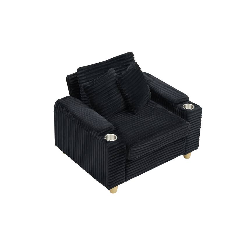 Corduroy Accent Chair & Storage Ottoman Set of 2, Single Sofa Armchair Lounge Chair with Pillows & Cup Holders