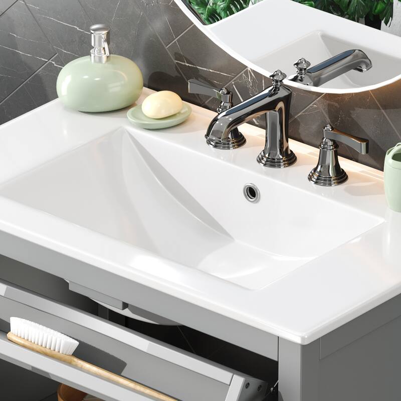 30" Storage Cabinet with Glass Doors, Bathroom Vanity with Ceramic Sink, Adjustable Shelf, Tip-Out Tray and Silver Metal Knobs