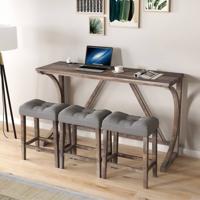 Bar Table Set with Power Outlet, Bar Table and Chairs Set, 4 Piece Dining Table Set