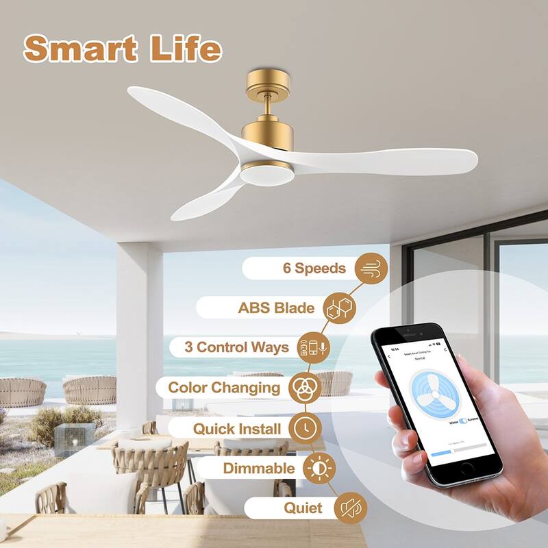 52 in. Smart Outdoor Indoor Gold White Ceiling Fans with LED Lights and Remote, Control with WiFi Alexa APP, High CFM