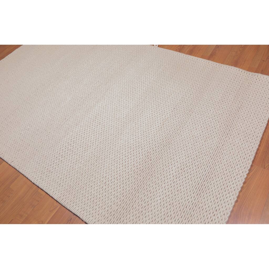 Hand Woven Solid color Beige, Thick Pile Area Rug Wool Contemporary Oriental Area Rug (5x7) - 5' x 8'