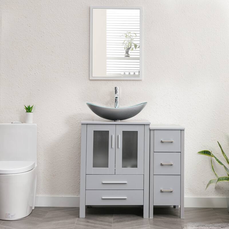 36" Bathroom Vanity Sink Gray Set with Side Cabinet Vessel Sink Faucet Combo