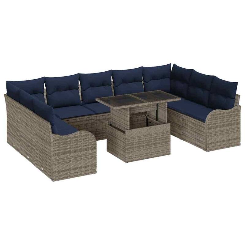 vidaXL 10 Garden Sofa Set with Cushions Black/Brown/Grey Poly Rattan - 113.8 x 70 x 27.2