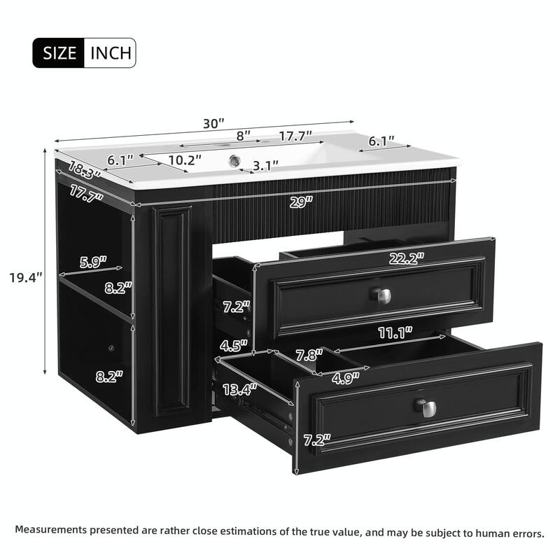 30" Wall Mounted Bathroom Vanity - Floating Storage Cabinet with 2 Drawers and 3-Hole Single Ceramic Sink