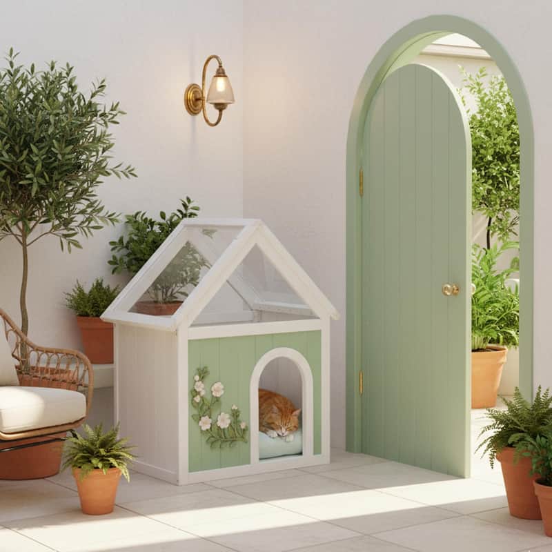 Transparent Roof Wooden Pet House with Floral Carvings FSC Cedar Indoor Shelter for Cats - Mint,White