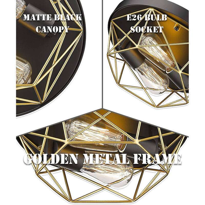 2-Light Industrial Ceiling Light Brass Metal Cage Flush Mount Lights