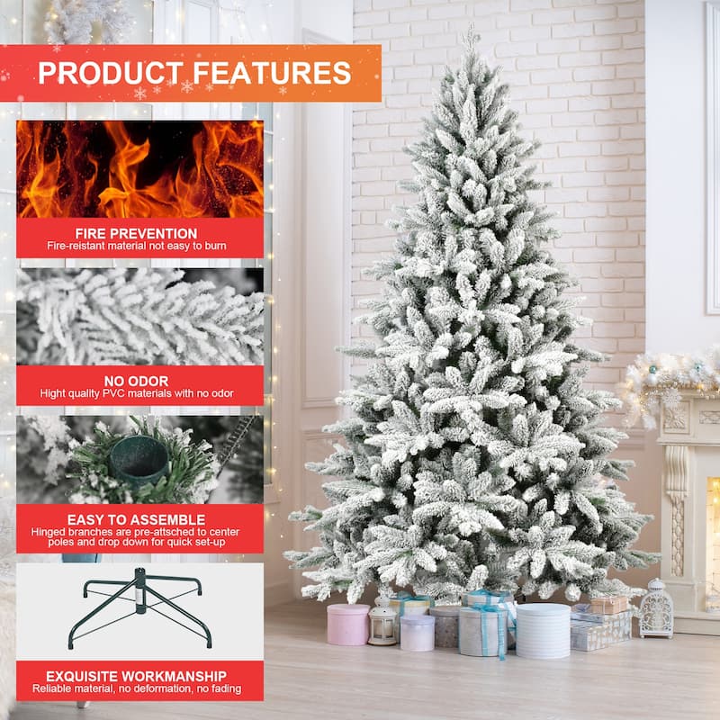 Flocked Artificial Christmas Tree - PE+PVC Snowy Branches, Hinged Structure, Metal Stand - White
