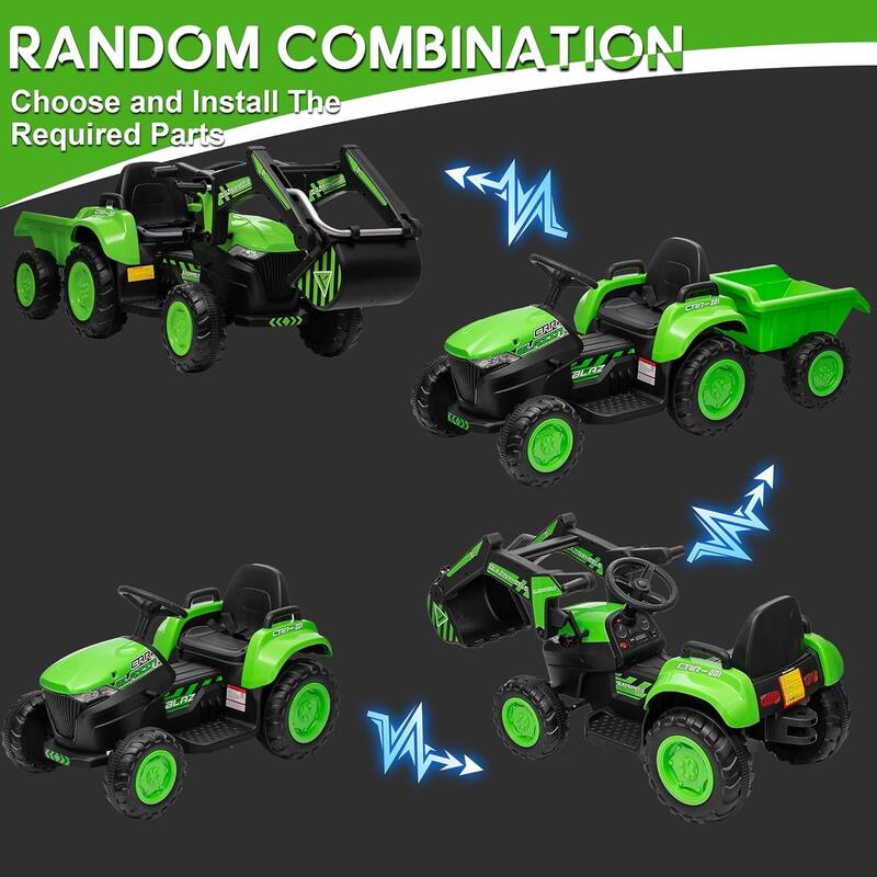 12V Kids 3 in 1 Ride on Excavator & Tractor with Detachable Trailer